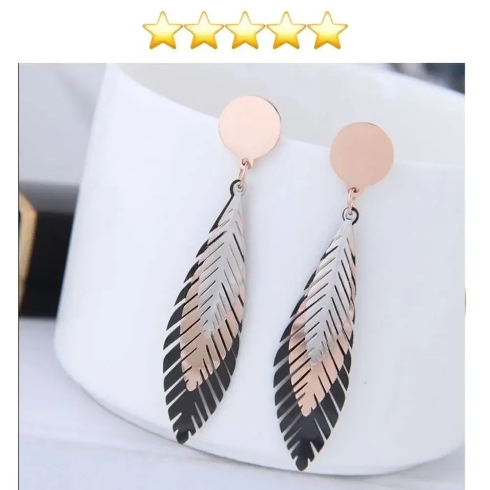 2/$24 NEW Boho Silver Rose Gold Black Feather Earrings 129 - Picture 3 of 9